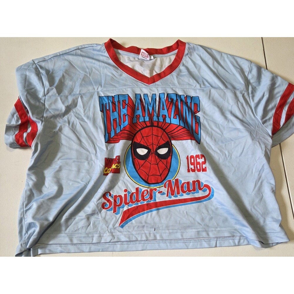 Marvel Comics The Amazing Spider-Man Football Jersey Shirt Light Blue Cropped XL